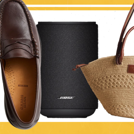 brown loafers, a bose speaker and straw bag all on a white background with a yellow border