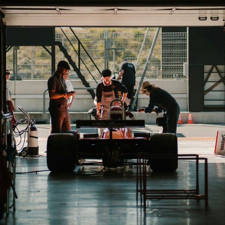 Open-wheel race car in garage