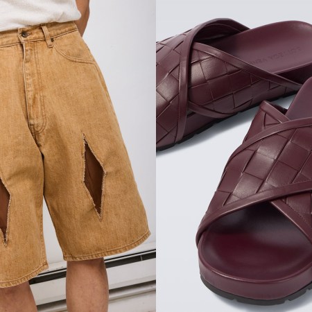 A model in tan diamond-cutout shorts and a pair of burgundy sandals