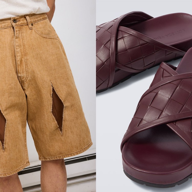 A model in tan diamond-cutout shorts and a pair of burgundy sandals