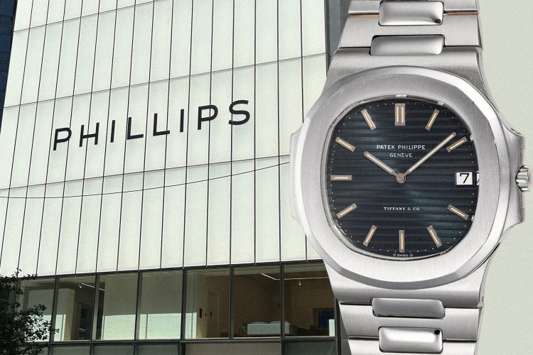 A photo of the Phillips auction house and a watch