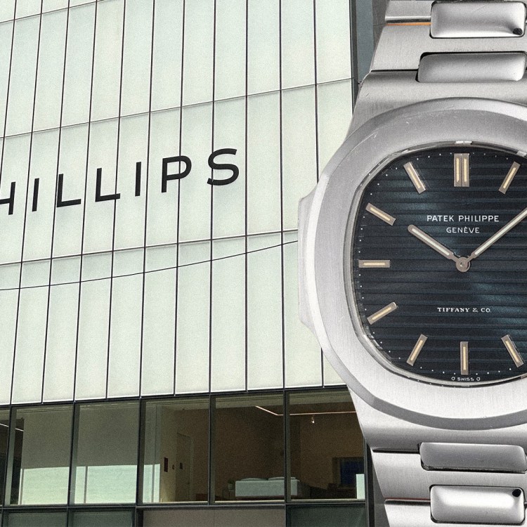A photo of the Phillips auction house and a watch