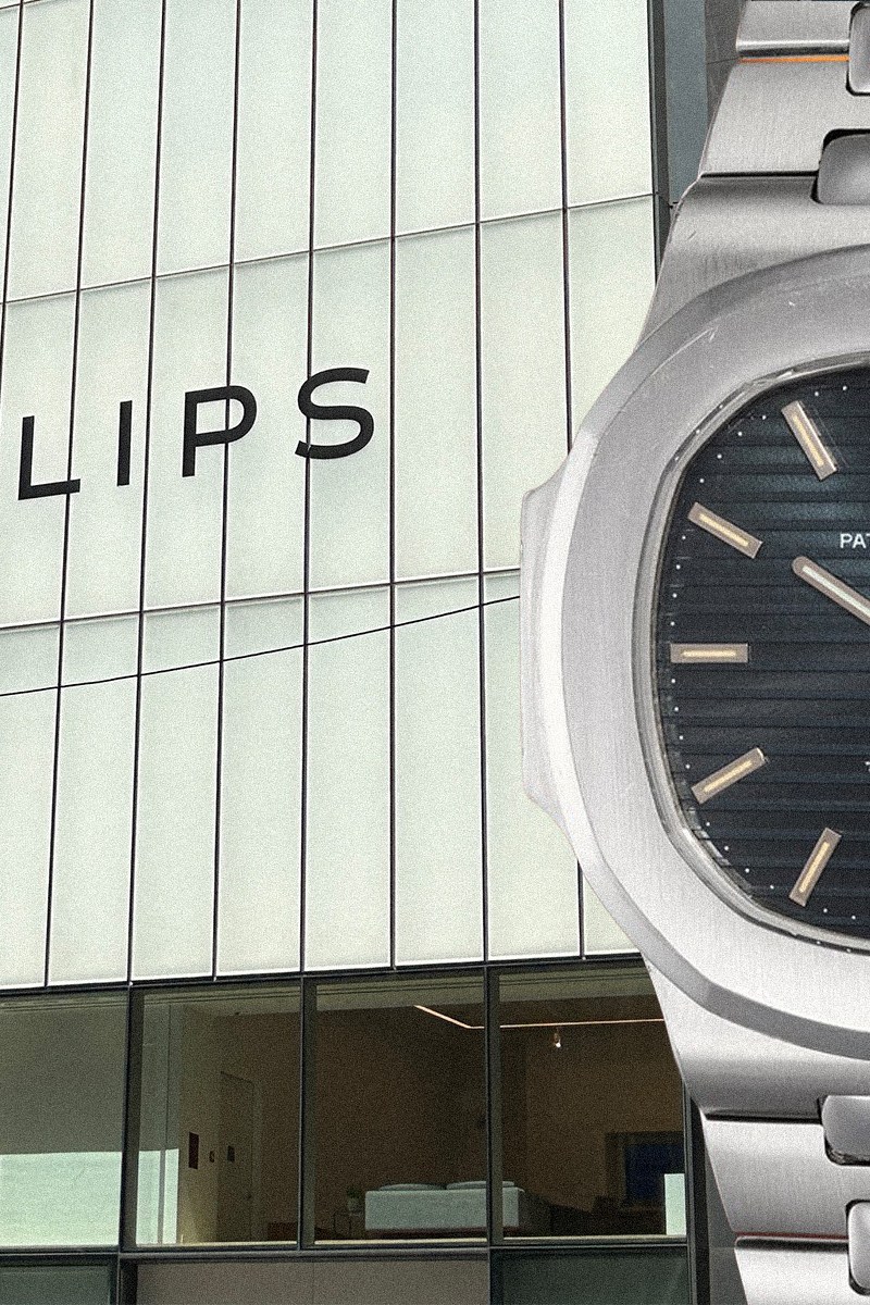 A photo of the Phillips auction house and a watch