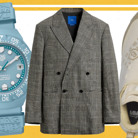 products cutouts of a blue watch, double-breasted blazer and sneaker side by side