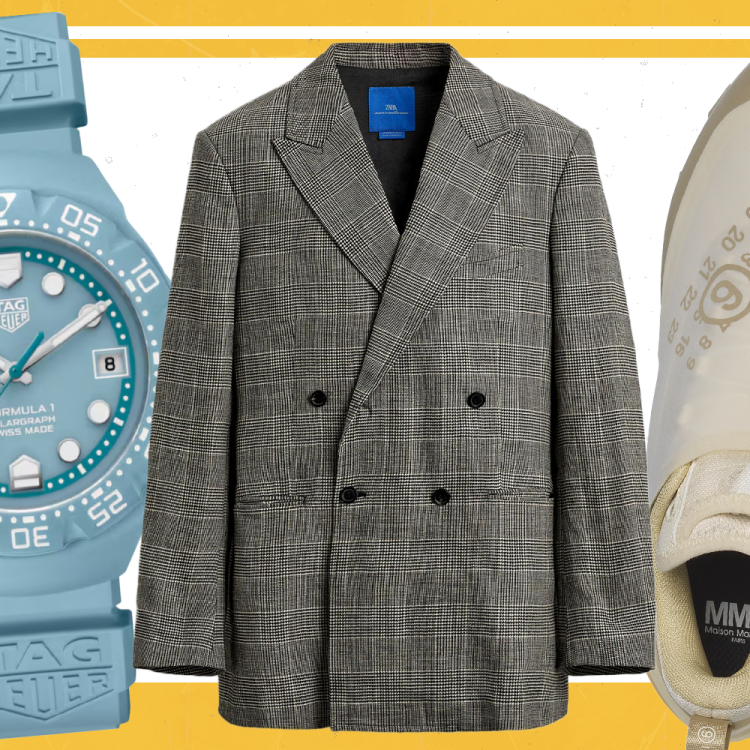 products cutouts of a blue watch, double-breasted blazer and sneaker side by side