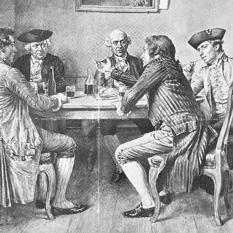 a black and white illustration of 18th-century men around a table drinking