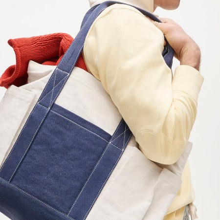 A model holding a J.Crew canvas tote.