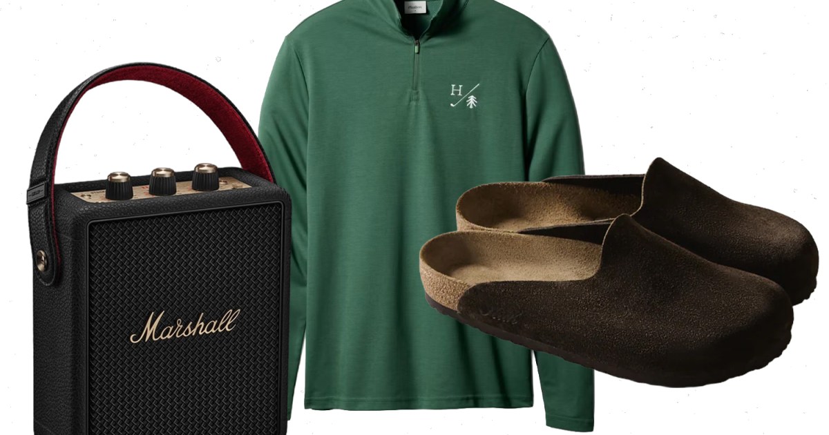 Product cut-outs of shoes, a sweater and a speaker.