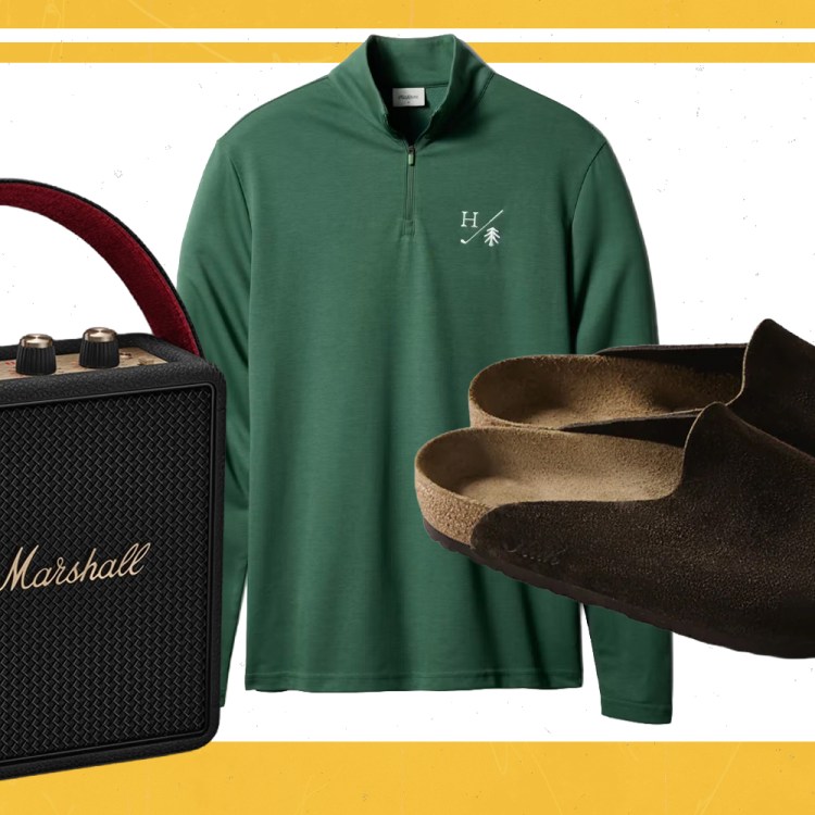 Product cut-outs of shoes, a sweater and a speaker.