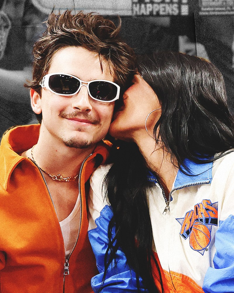 Timothee Chalamet getting a kiss on the cheek from Kylie Jenner at a New York Knicks game