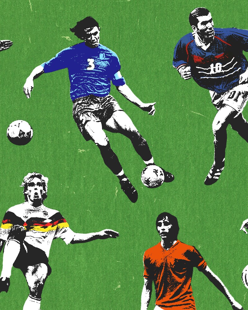 Players from various World Cup tournaments on a green background