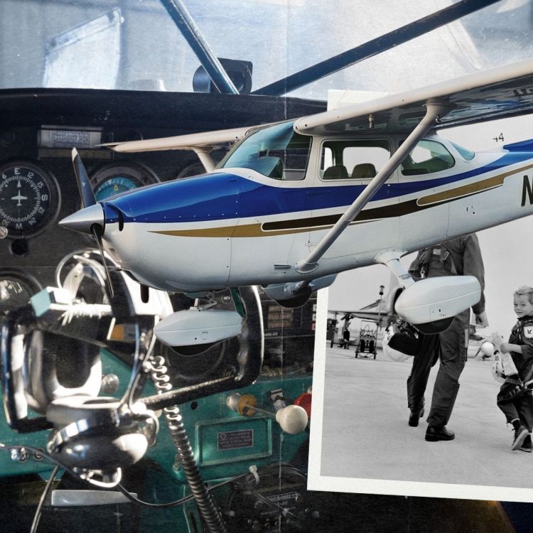 a collage with the inside of an airplane, a white and blue cessna and a dad and son in vintage flights clothes