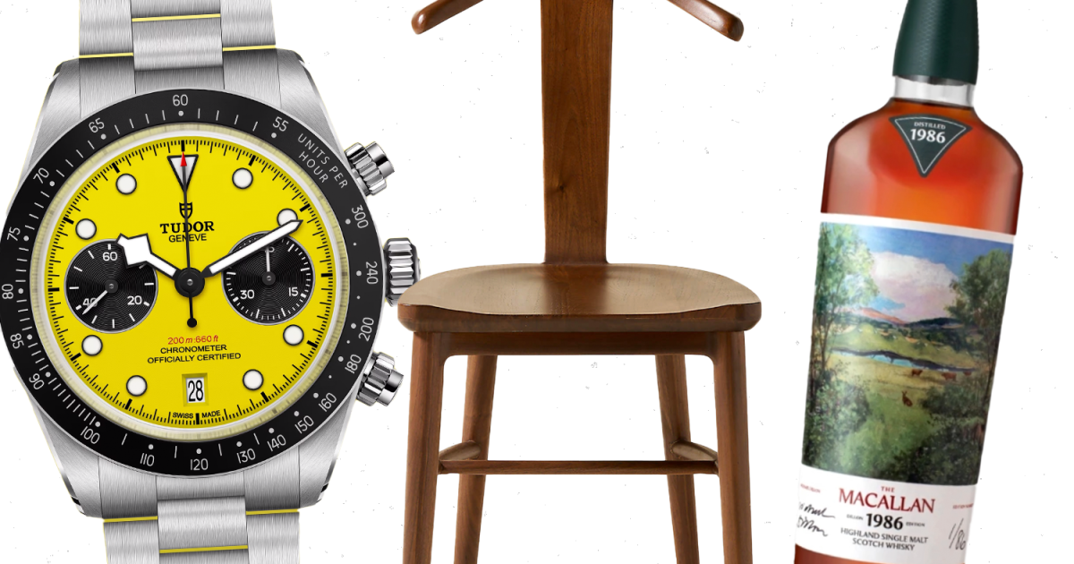 Product cut-outs of whiskey, a watch and a chair