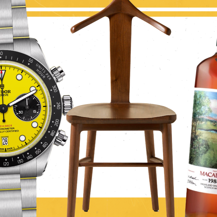 Product cut-outs of whiskey, a watch and a chair