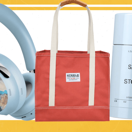over ear headphones, an orange tote back and salt and stone deodorant