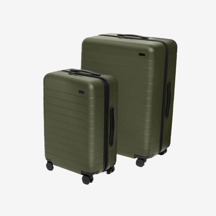 Away luggage bundle - two green bags, one a carry-on, one a larger check-in roller