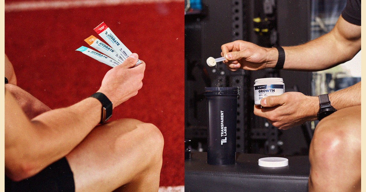 collage lifestyle images of a man holding three electrolyte packets and a man holding out a spoonful of powder mix at the gym