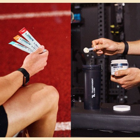 collage lifestyle images of a man holding three electrolyte packets and a man holding out a spoonful of powder mix at the gym