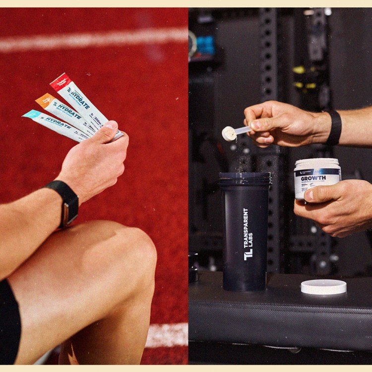 collage lifestyle images of a man holding three electrolyte packets and a man holding out a spoonful of powder mix at the gym