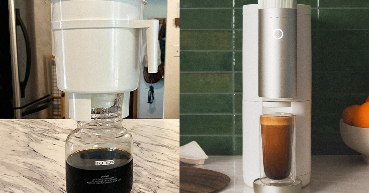 Left: a white plastic bucket with a handle sitting on a glass decanter with cold brew inside. Right: a coffee machine with a glass underneath holding nitro cold brew
