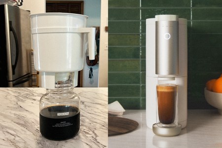 Left: a white plastic bucket with a handle sitting on a glass decanter with cold brew inside. Right: a coffee machine with a glass underneath holding nitro cold brew