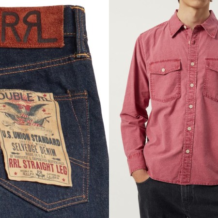 two side by side photos of Levi's blue jeans and a model in a pink-red work shirt.