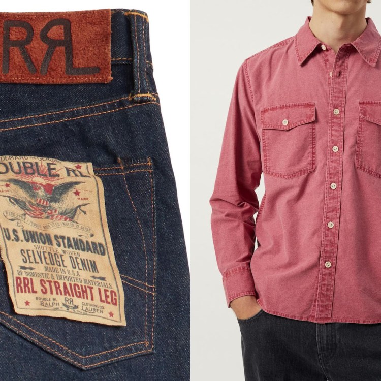 two side by side photos of Levi's blue jeans and a model in a pink-red work shirt.