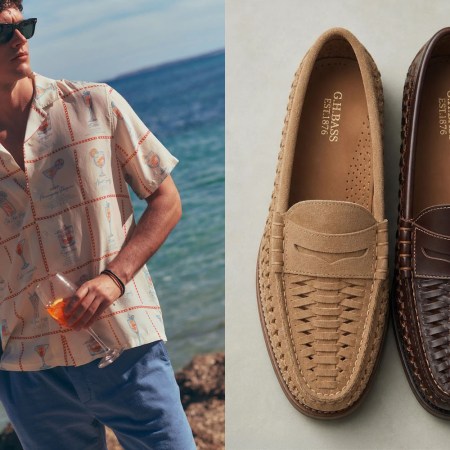 A split image of a model wearing a white shirt and blue shorts and two woven loafers in tan and brown.
