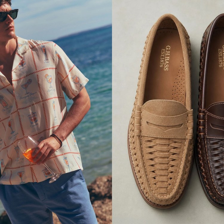 A split image of a model wearing a white shirt and blue shorts and two woven loafers in tan and brown.