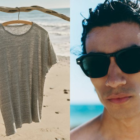 two images of a tee shirt hanging on a branch at the beach and a model in a pair of dark sunglasses