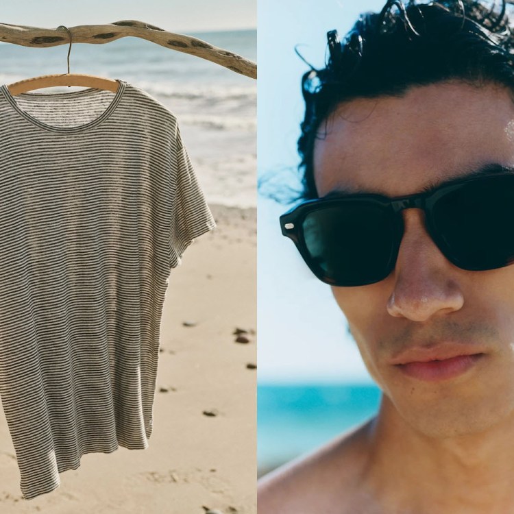 two images of a tee shirt hanging on a branch at the beach and a model in a pair of dark sunglasses