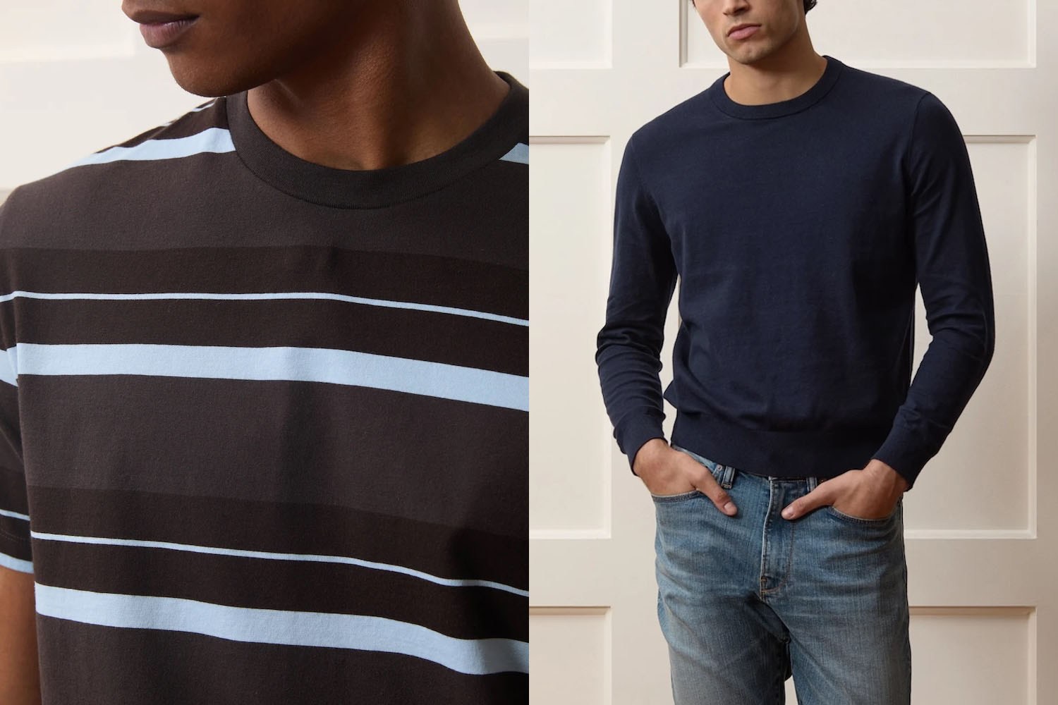 Two side-by-side photos of models in navy and brown summer menswear.