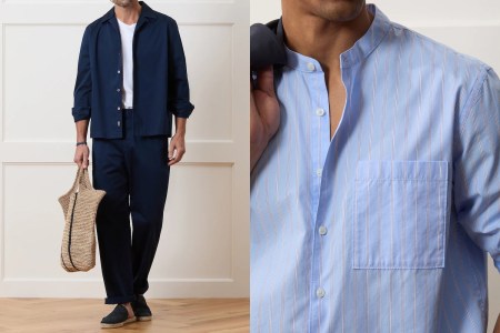 Two side-by-side photos of models in navy and blue summer menswear.
