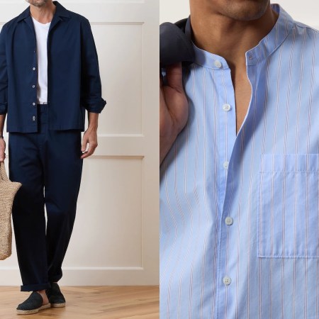 Two side-by-side photos of models in navy and blue summer menswear.