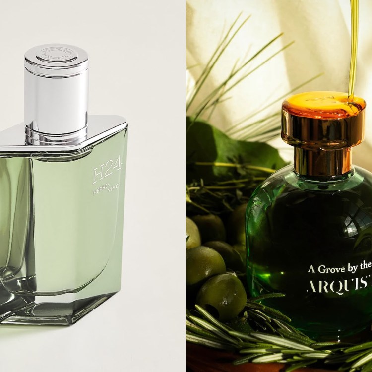 two side-by-side photos of green bottles of cologne