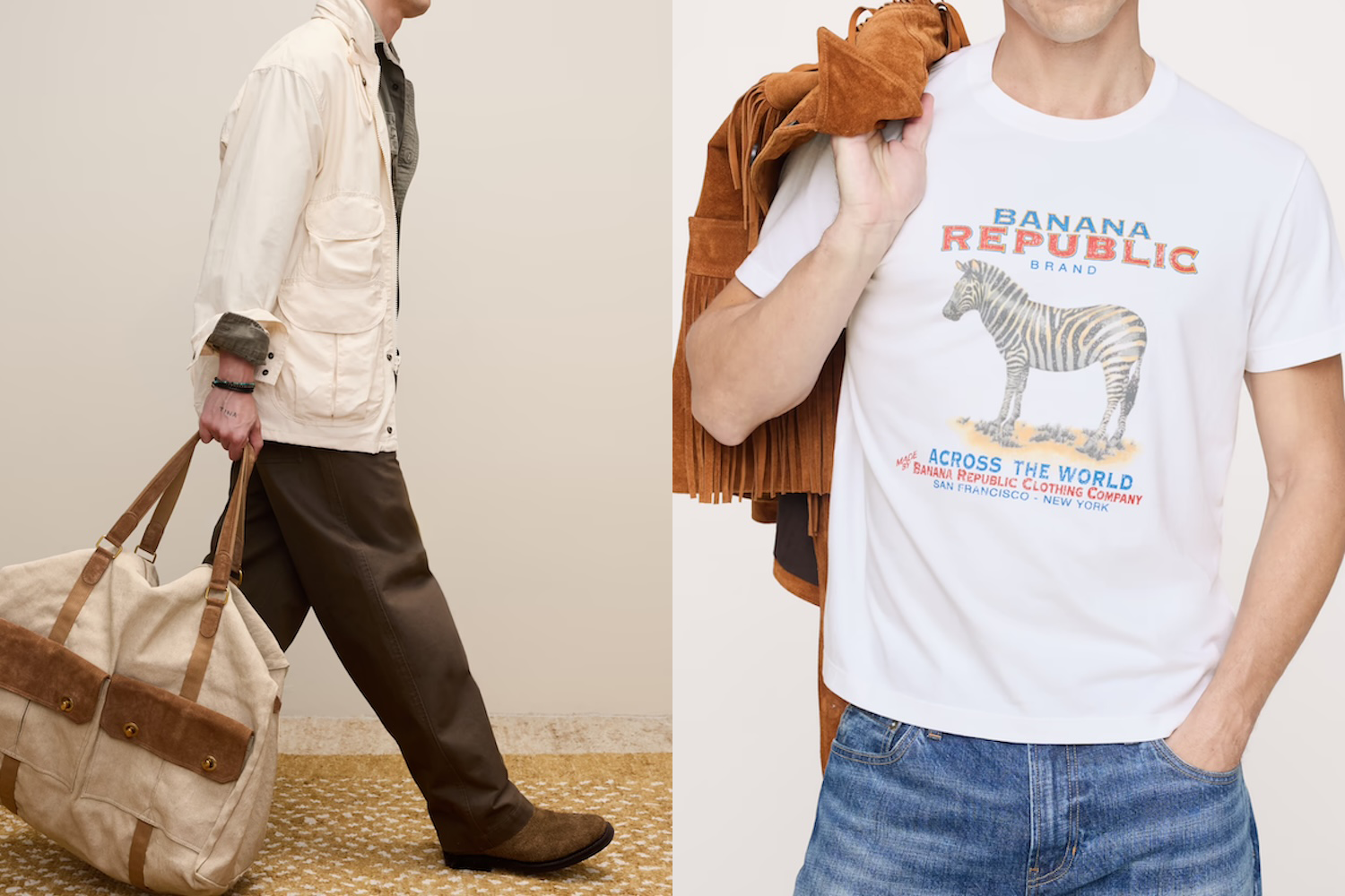 two photos of models wearing white tops and dark pants