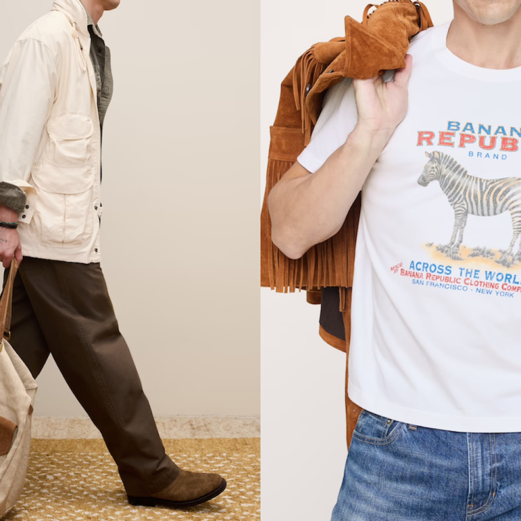 two photos of models wearing white tops and dark pants