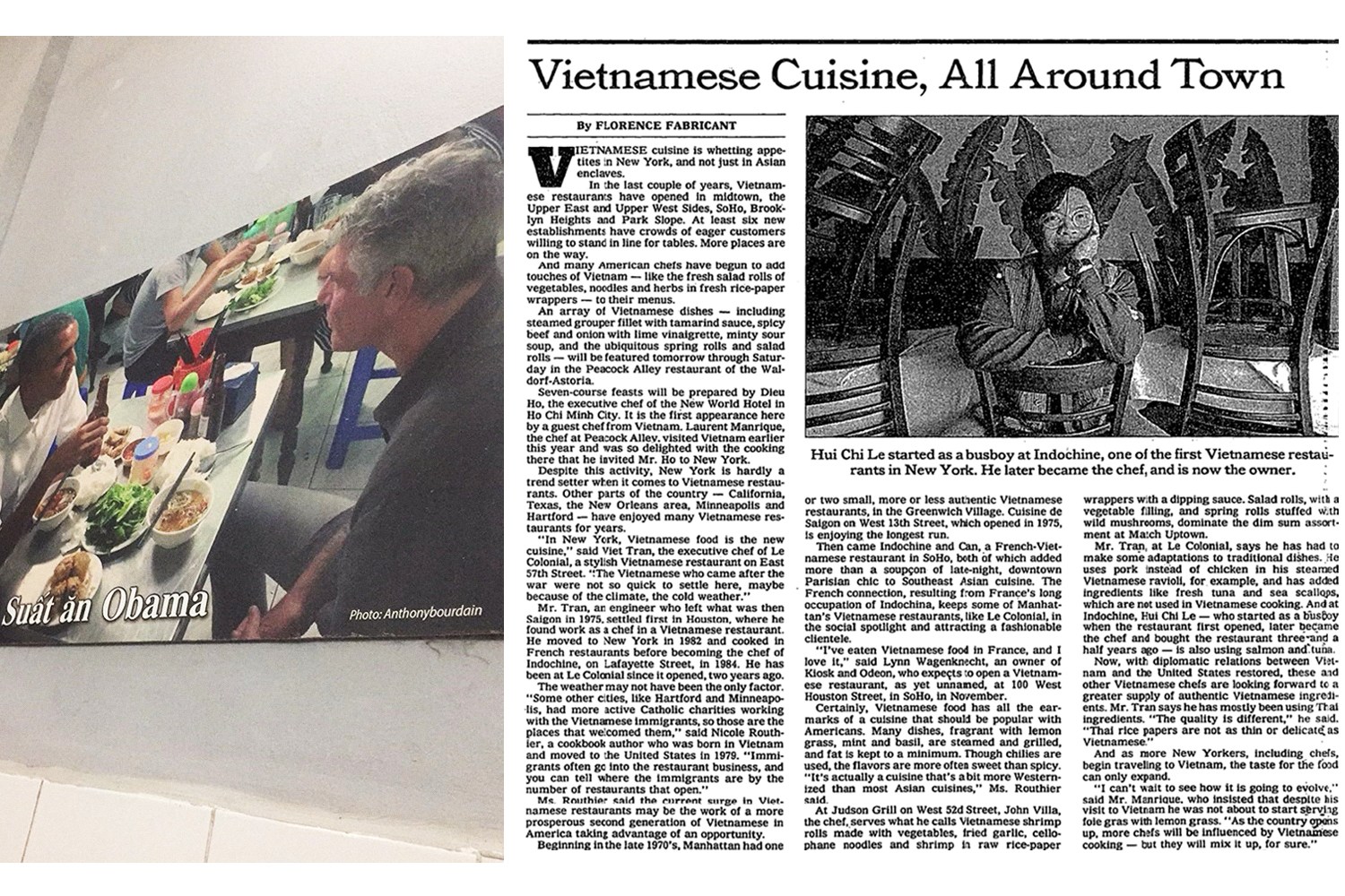 A side-by-side image of Anthony Bourdain on a poster in Bún chả Hương Liên in Hanoi and a 1995 copy of the New York Times
