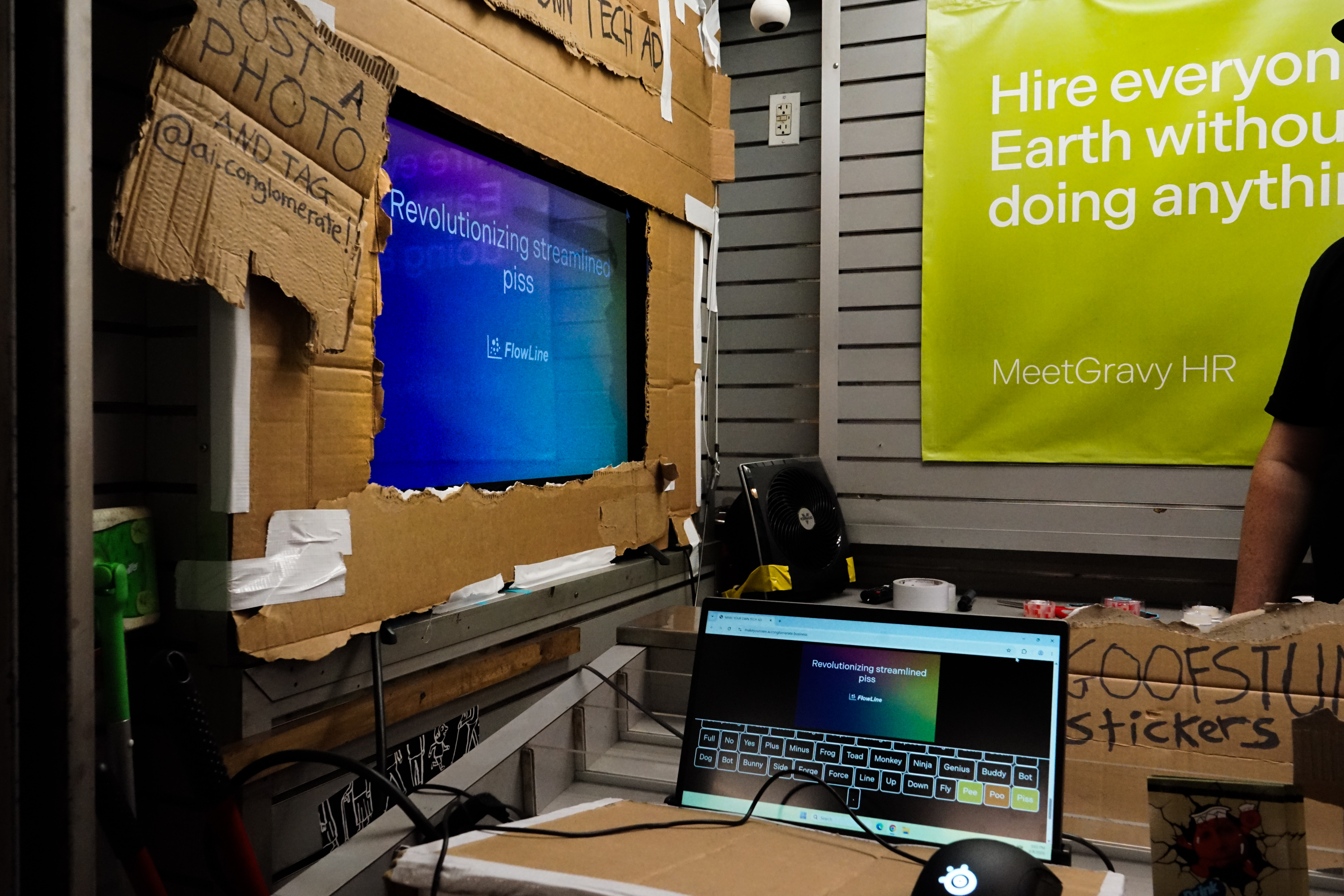 A build-your-own satirical tech ad at a newsstand popup installation.