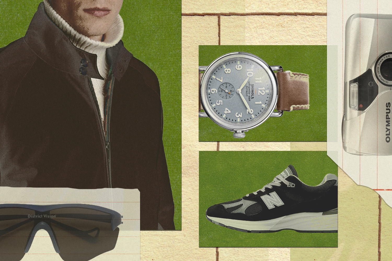 A collage of a jacket, watch, sneakers, camera and sunglasses on a green and beige background