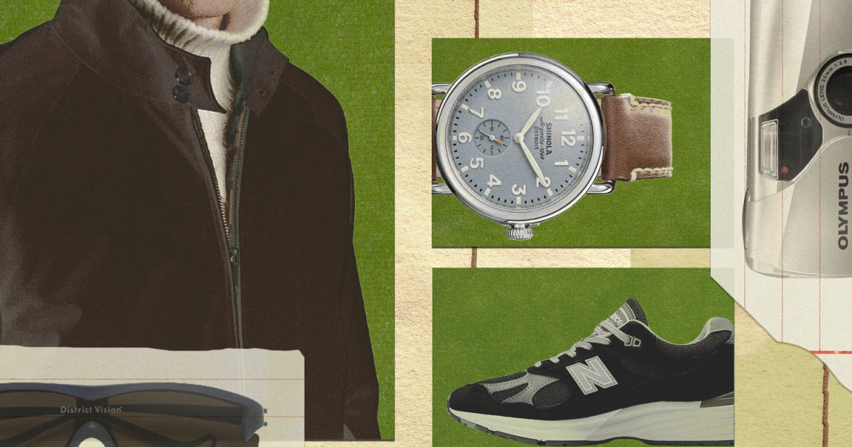 A collage of a jacket, watch, sneakers, camera and sunglasses on a green and beige background