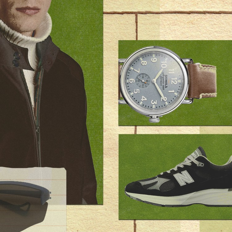 A collage of a jacket, watch, sneakers, camera and sunglasses on a green and beige background