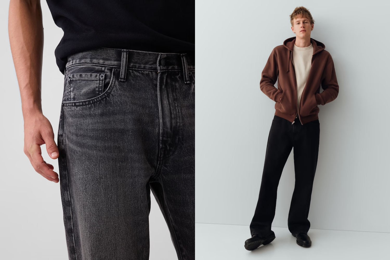 Left: Close-up of a person's torso and arm wearing dark gray jeans. Right: A man in a brown hoodie and black pants.