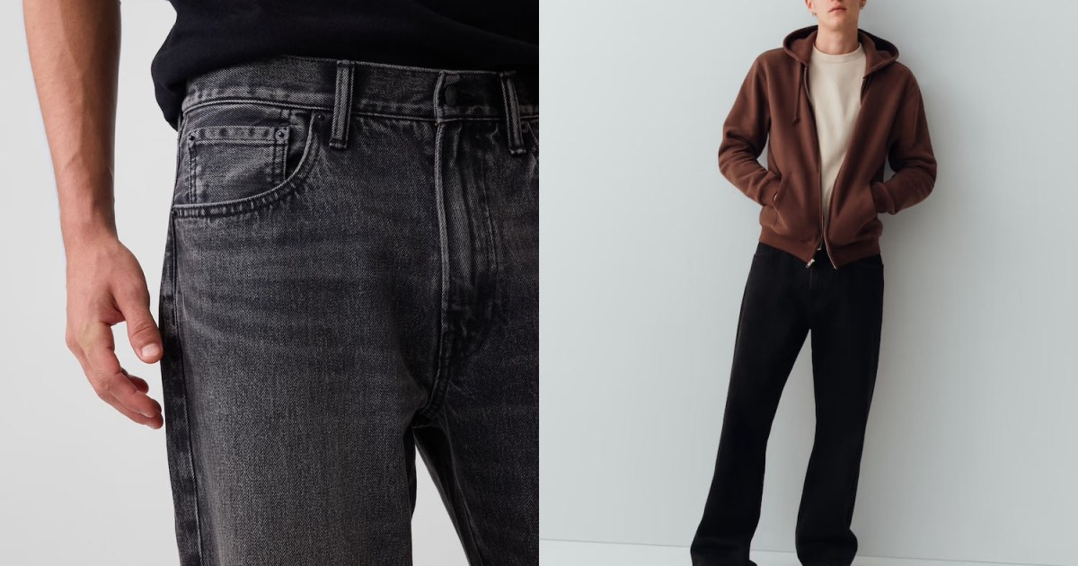 Left: Close-up of a person's torso and arm wearing dark gray jeans. Right: A man in a brown hoodie and black pants.