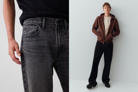 Left: Close-up of a person's torso and arm wearing dark gray jeans. Right: A man in a brown hoodie and black pants.