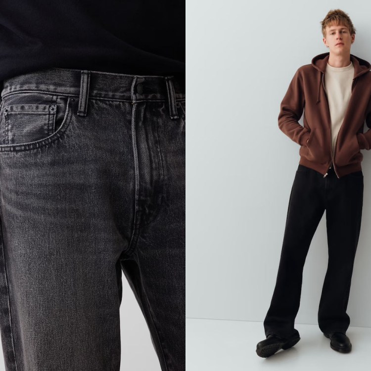 Left: Close-up of a person's torso and arm wearing dark gray jeans. Right: A man in a brown hoodie and black pants.