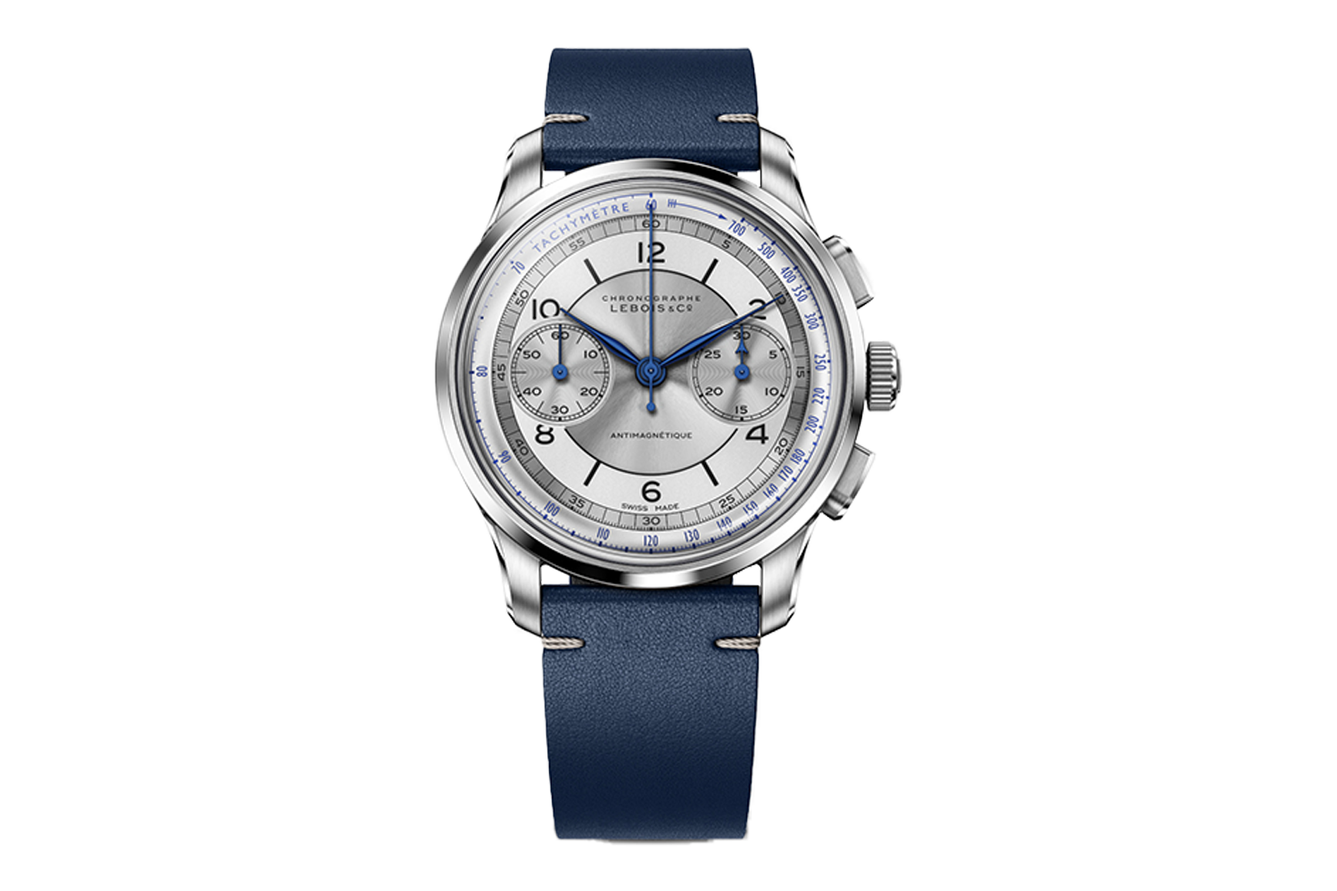 Silver chronograph watch with a white face, blue hands, and a dark blue leather strap.