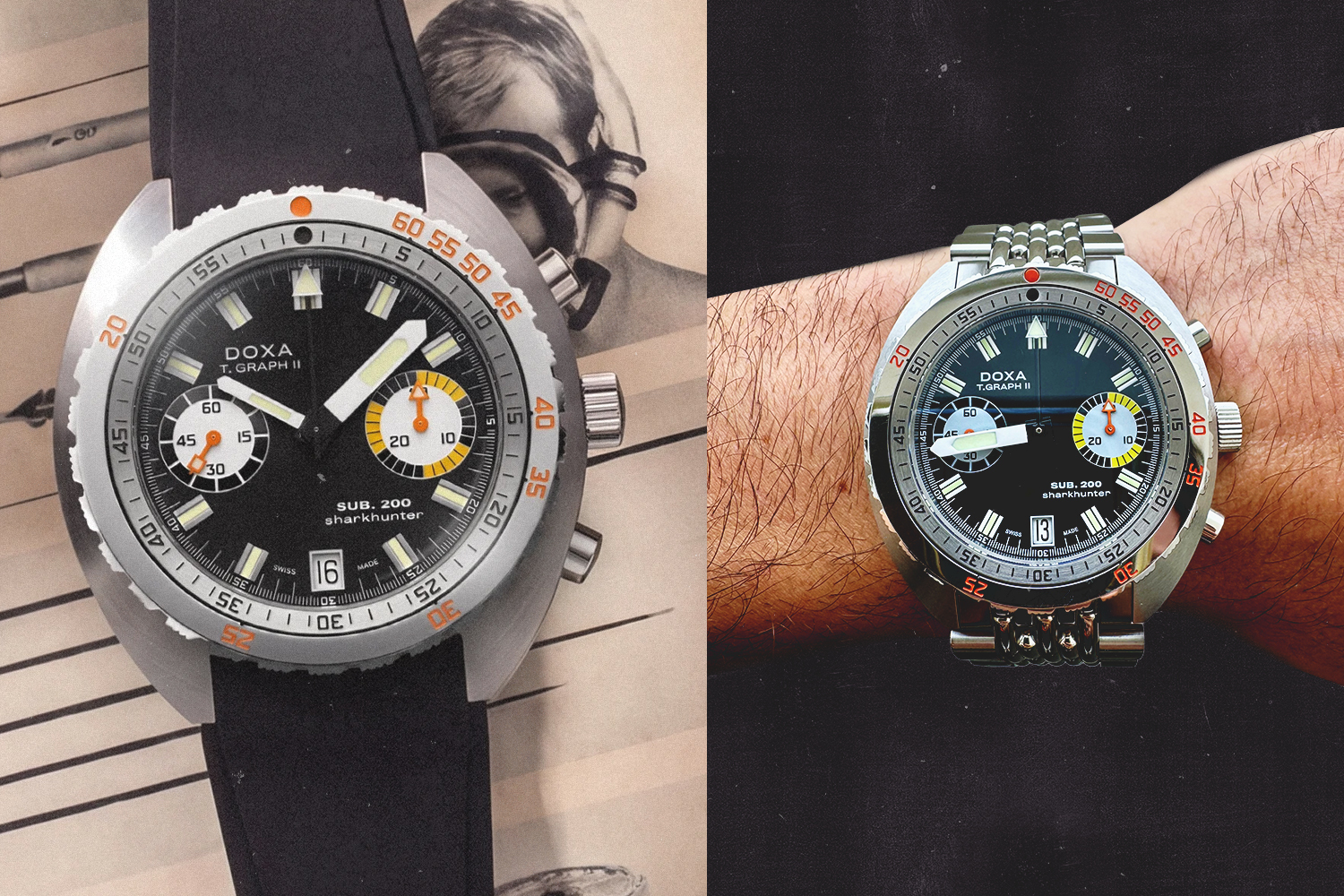 Two side-by-side images of a Doxa watch.