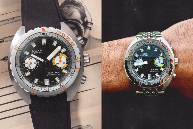Two side-by-side images of a Doxa watch.