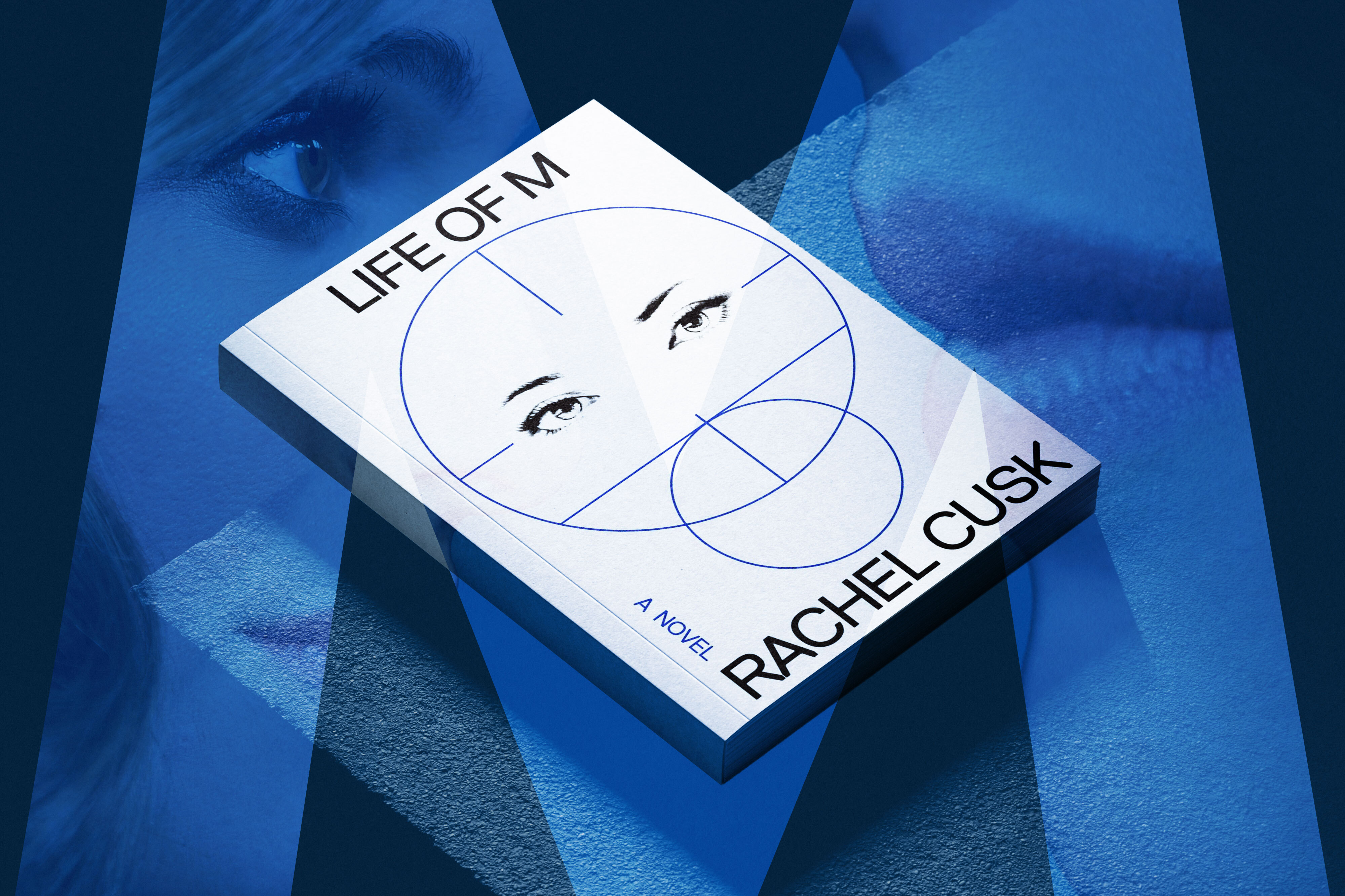 White book, "Life of M" by Rachel Cusk, with a geometric illustration of eyes, on a blue background with a large eye.